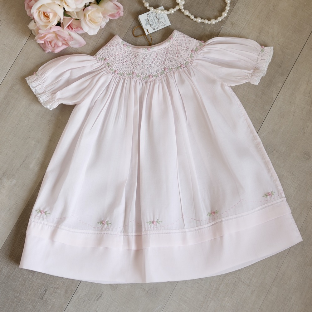 Girls Pink Smocked Rosette Bishop Dress Feltman Brothers Heirloom NWT